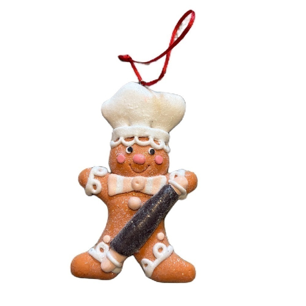 Blush Pink and White Clay Gingerbread Chef Decorative Ornament, 4.5” Rolling Pin